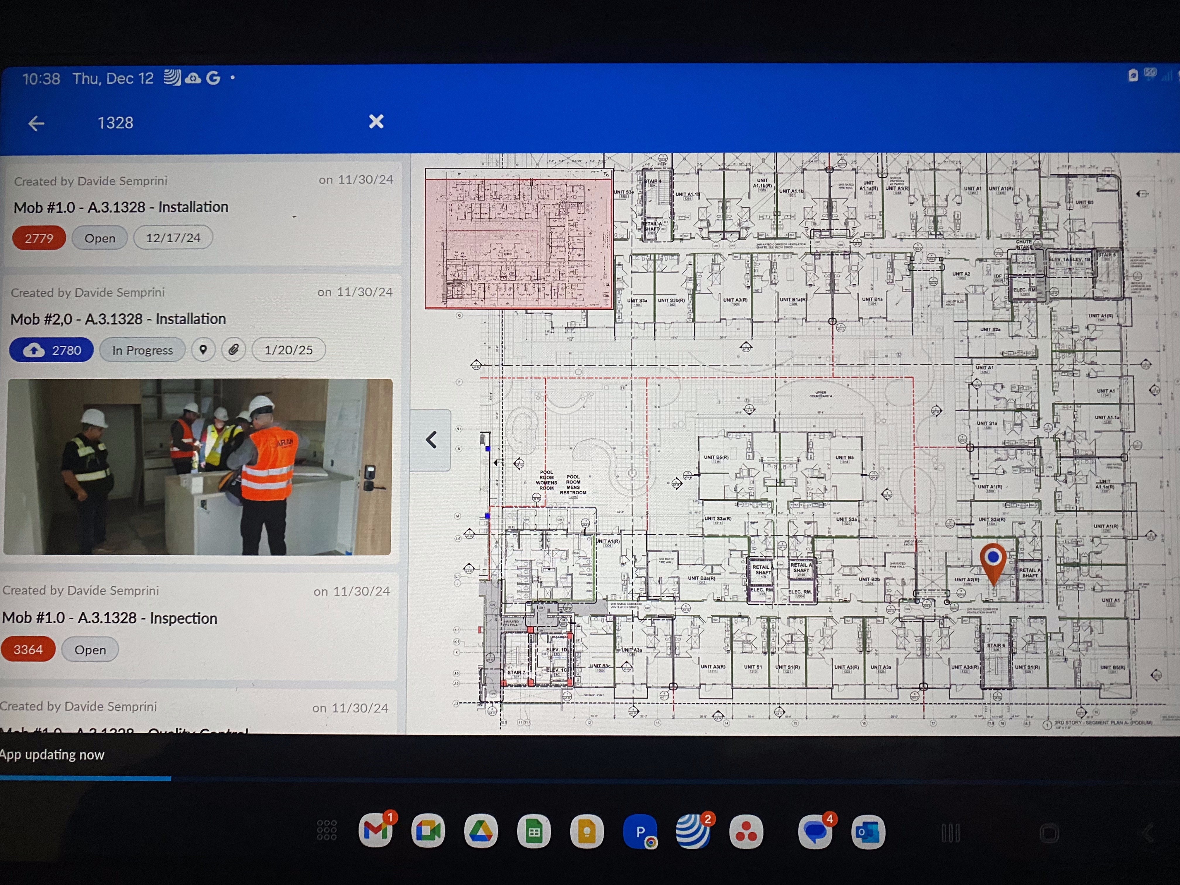 Ticket-based jobsite management. Each ticket is linked to its apartment on the floor plan — drawings, photos, and report